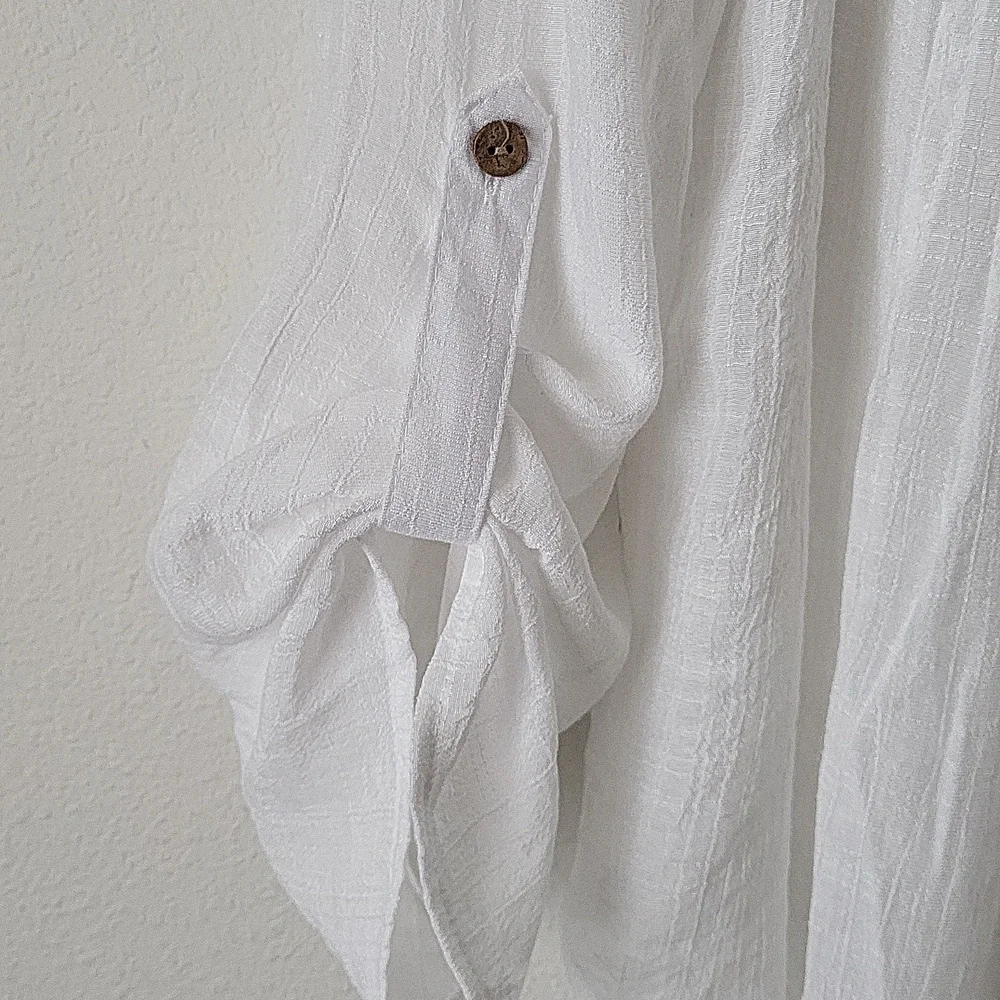 Zac & Rachel White Sheer Gauze Top Blouse Push Up Button Tab Sleeves L - Picture 3 of 8